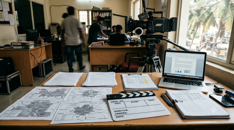 Telugu film shooting permissions planning desk with camera equipment and location maps