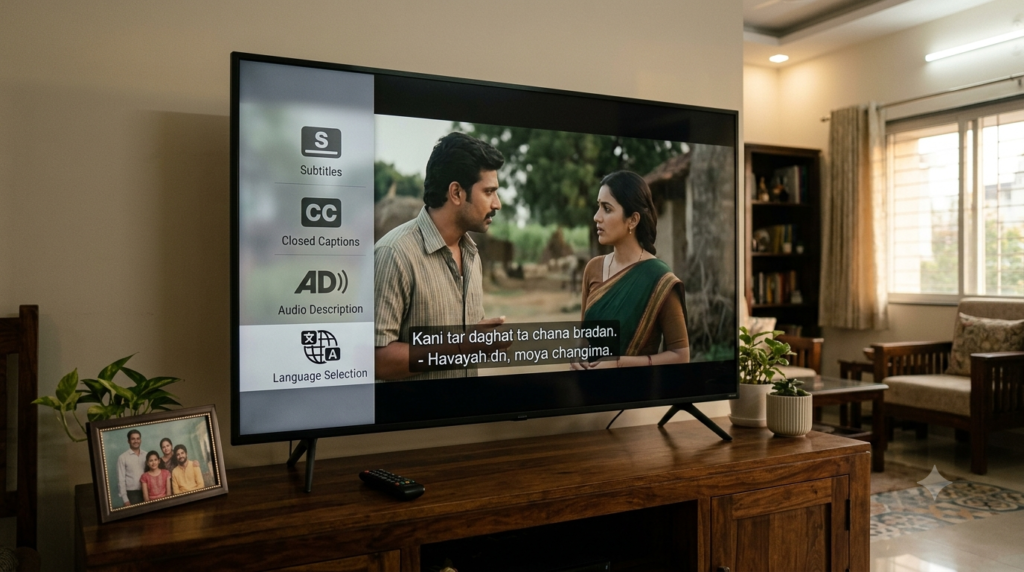 Telugu movie subtitles and accessibility settings on a home streaming screen